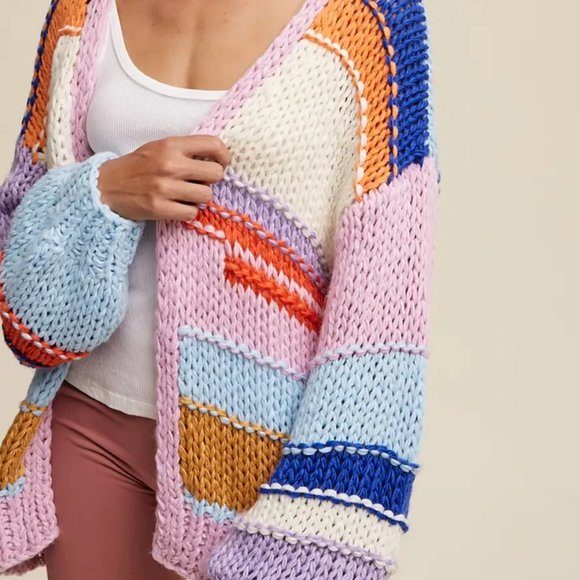 NWT Hand Knit Multi Striped Cardigan Sweater - Picture 5 of 5